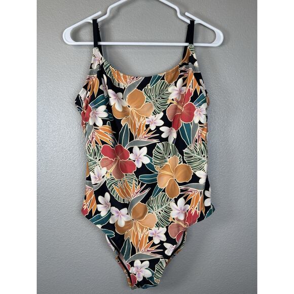 Hurley One Piece Swim XL Tropical Floral Burgundy White‎ Orange Hawaiian EUC - Picture 1 of 10
